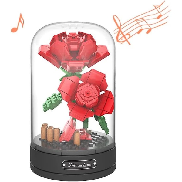 Wabjtam Blomsterbuket Byggeklodser Musikdåse | Rød rose med kuppel, kunstige blomster byggeprojekt for at frigøre stress og fokusere sindet, Vale