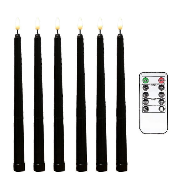6 stk flammeløse sorte koniske stearinlys flimrende med 10-nøgler fjernbetjeningstimer, batteridrevne LED lysestager vindueslys
