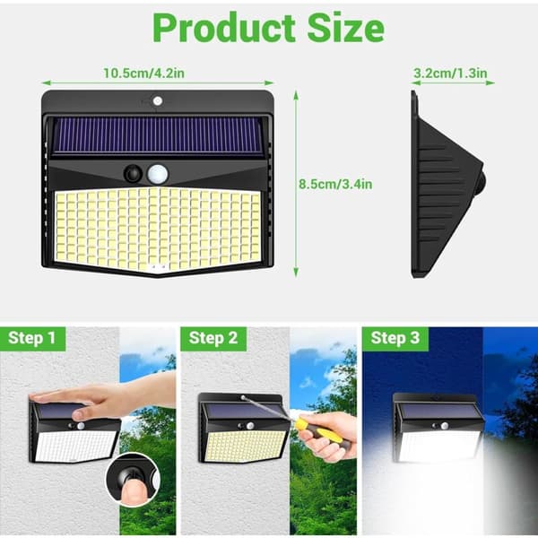 138 LED Utendørs Solcellelampe – Bevegelsessensor – IP65 Vanntett – 3 Lysmoduser – Enkel Veggmontering