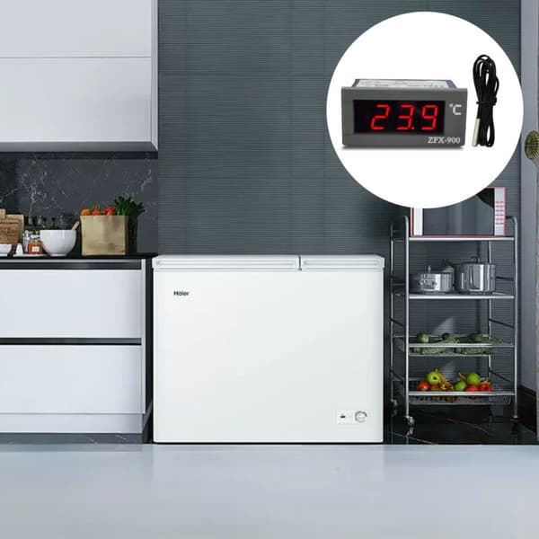 Integreret temperaturdisplaytermometer, smart digitalt displaypanel til køleskab, fryser, kølerum. Sort design.
