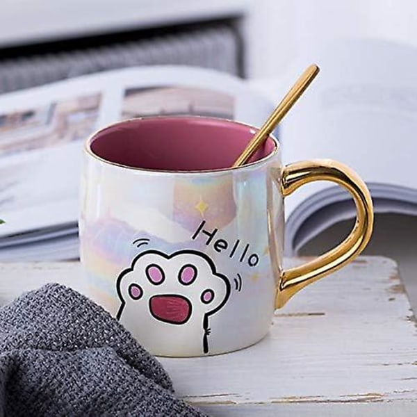 Hej Kawaii Kattepote Kop - 12 oz Keramisk Kaffe Te Varm Chokolade Vand Krus med Låg og Ske - Kat Elsker Gave Sød Tekop Iridescent Opalescent Regn