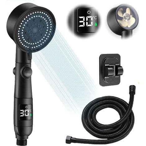 Smart vannbesparende dusjhode - temperaturdisplay - 5 moduser - 1,5 m slange - selvklebende feste