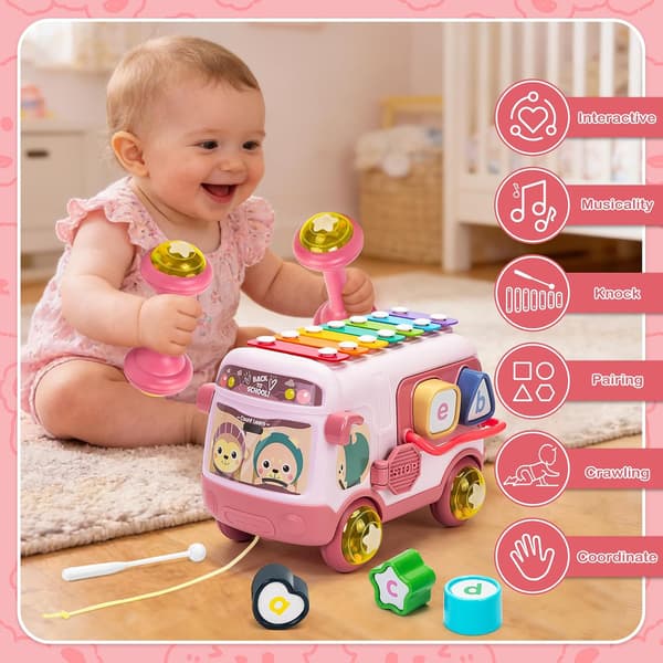Leksaker Presenter för 1-åriga flickor, Musikalisk Sensorisk Buss med Xylofon Rosa
