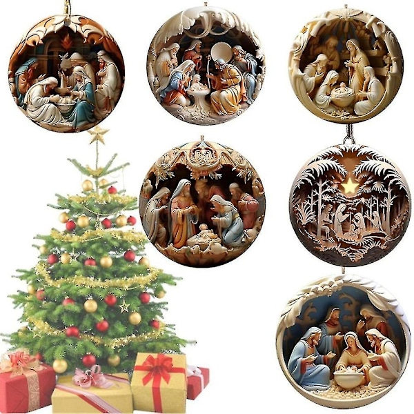 6pcs Nativity Christmas Tree Pendant Jesus Christ Hanging Ornaments 2d New Year Acrylic Exquisite Indoor Nativity Scene Decor