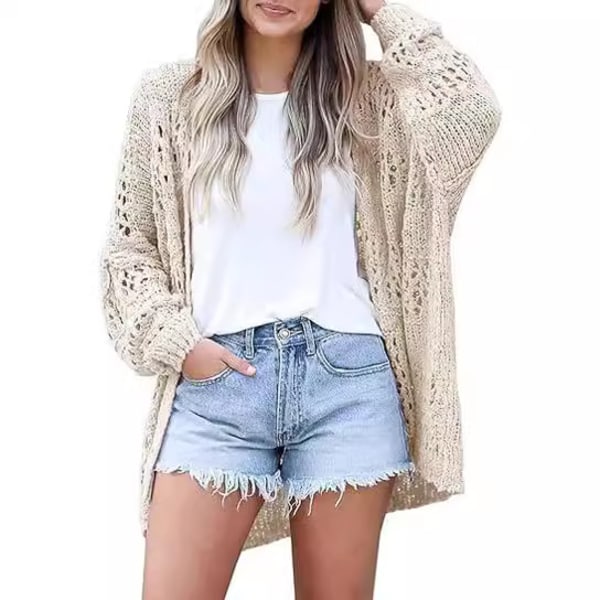 Virkat kofta, kimono, bohemisk, långärmad, lätt, mjuk, oversized, aprikos L