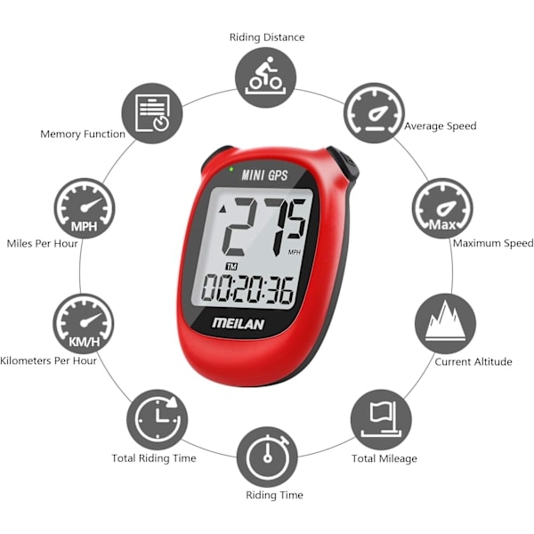 M3 Mini GPS Cykelcomputer, Trådløs Cykelkilometertæller og Speedometer IPX5 Vandtæt Cykelcomputer med LCD-display, Rød