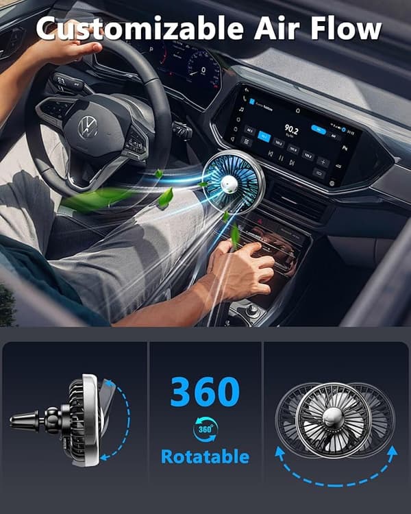 USB Bilventilator, 3 Hastigheder 360° Roterbar Lydløs Køleventilator