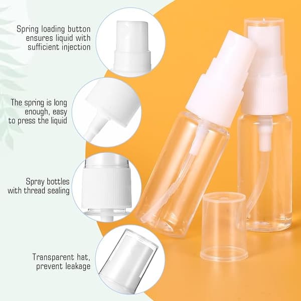 Set med 4 transparenta 20 ml minisprayflaskor – plast, tomma flaskor – lämpliga för resor, kosmetika, rengöring och kroppsvård