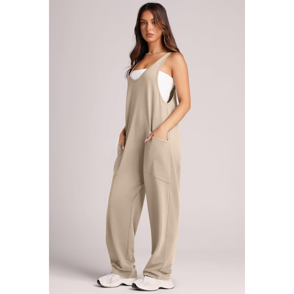 EFAN Dame Casual Sommer Ermeløs Jumpsuit Lang Løs Passform Bodysuit med Lommer - Khaki Størrelse L