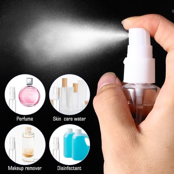 Set med 4 transparenta 20 ml minisprayflaskor – plast, tomma flaskor – lämpliga för resor, kosmetika, rengöring och kroppsvård