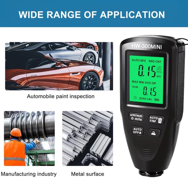 HW-300MINI Bilmalingstykkelsesmåler, Fe/NFe automatisk detektering af belægningstykkelsestester med baggrundsbelyst LCD
