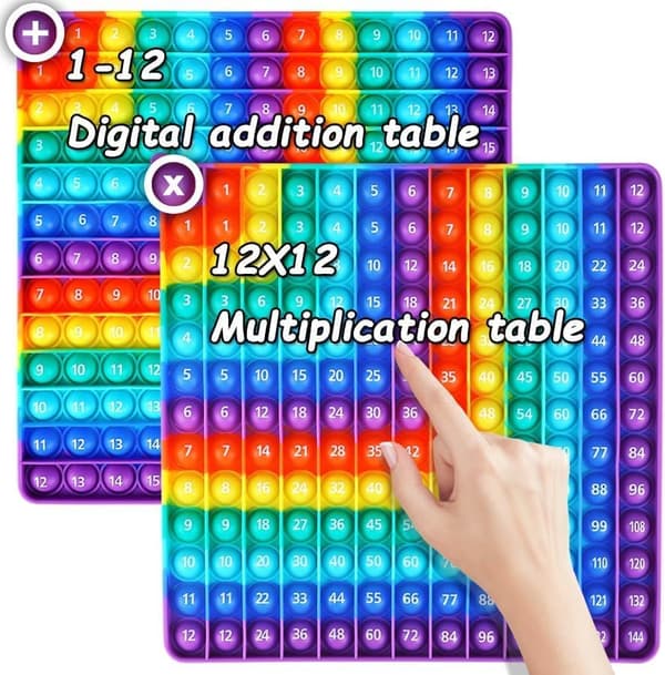 12x12 dobbeltsidet tabel-poppet, addition & multiplikation. Regnbue push pop boble sensorisk fidget-legetøj til stress- og angstlindring. (1-9)