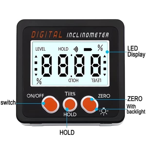 Digital inklinometer i aluminiumslegering 0-360°, elektronisk vinkelmåler med magnetisk base