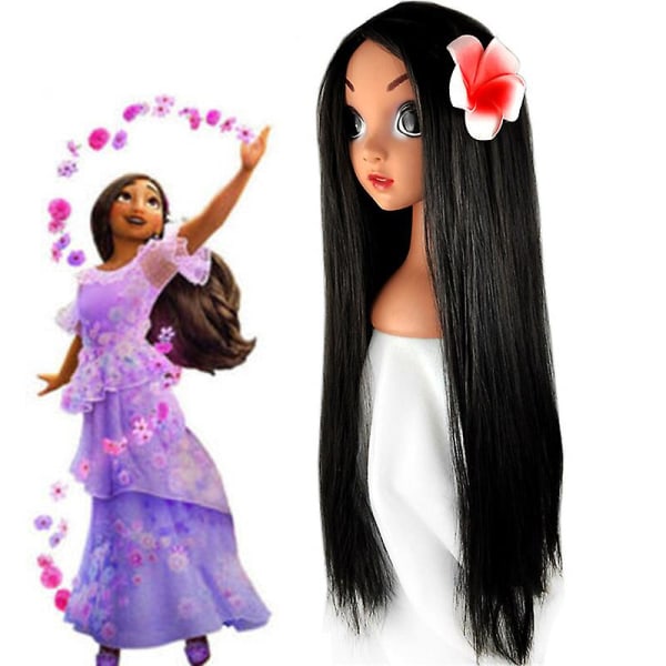 Encanto Isabela Halloween Cosplay 70 cm pitkä suora musta synteettinen hius peruukki kukkajuhlilla Full Peruukit Tyylikkäät mekon rekvisiitta