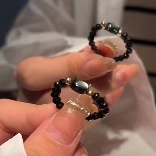 2 st Naturliga Månsstens- och Obsidianringar Pärlor Minimalistisk Fidget Ring Handgjord Söt Svartvit Katt Ring Barnfest Tillbehör Smycken