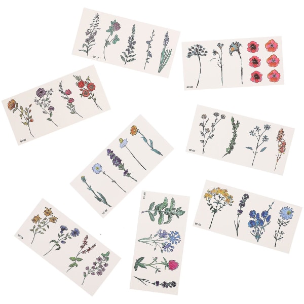 8 ark Blomstertatoveringsklistremerker 3d-blomst midlertidige tatoveringsklistremerker for kvinner