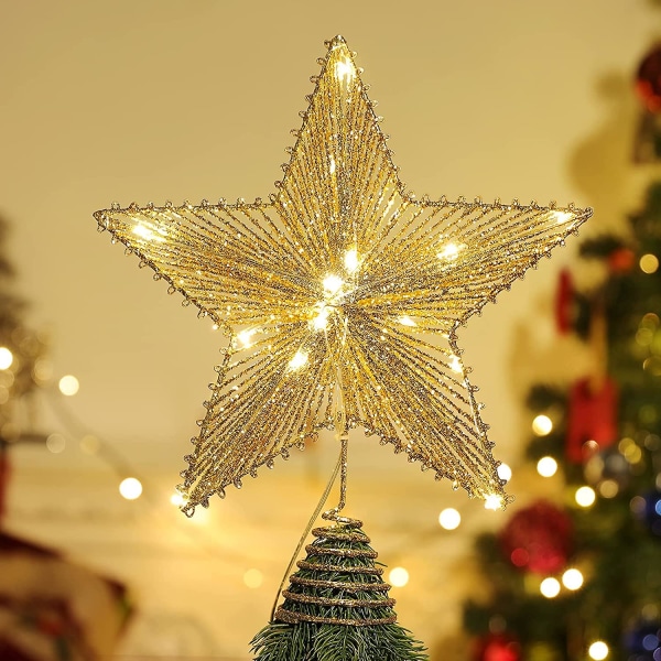 Star Christmas Tree Topper, Metal Glitter Star Treet Top Tree Topper, 5 spetsiga stjärndekorationer med led ljus girland för julgran, Pentagram Top