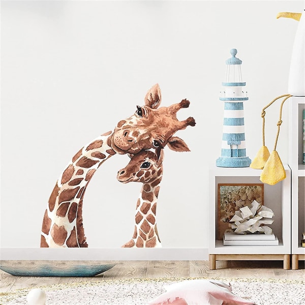 Realistisk sød mor og lille giraf dyr Aftagelig vægklistermærke Skræl og pind vægdekoration til vuggestue Baby soveværelse Legerum Stue Wa