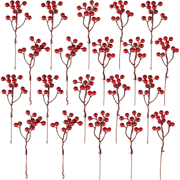 20 stykker kunstig røde bær dekoration, 18 cm røde bær kristtorn bær grene til juletræ dekoration
