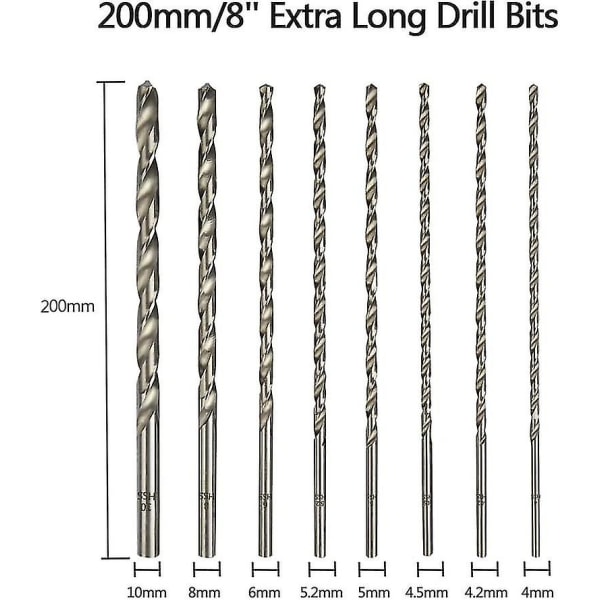 200 mm 8 kpl erittäin pitkä set, nopea teräsporanterä, suora varsi, jonka halkaisija on 4 mm, 4,2 mm, 4,5 mm, 5 mm, 5,2 mm, 6 mm, 8 mm, 10 mm, pora