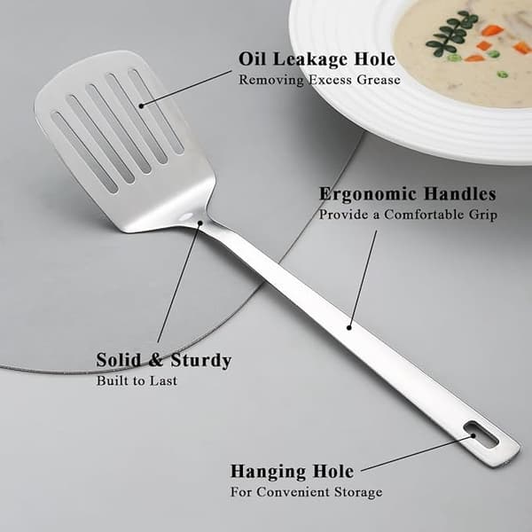 Spatelset i rostfritt stål, silver spatel, solid vändare, köksspatel för non-stick kokkärl, diskmaskinssäker, lätt att rengöra