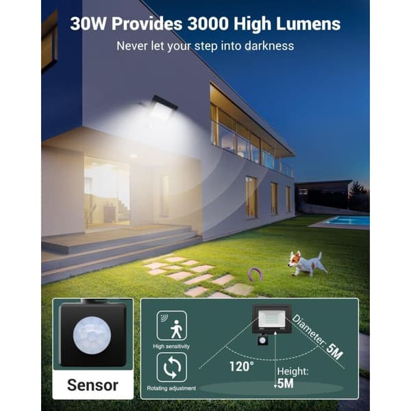 30W 3000LM IP65 Bevegelsessensor Flomlys 6500K Kjølig Hvit