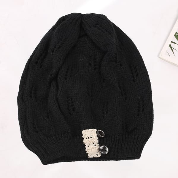 Strikket ullhatt med hule blader, blondeknapper, varm hatt for kvinner, pullover-beret Black