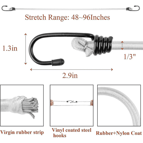 48 tums vita bungee sladdar med krokar, 2 st