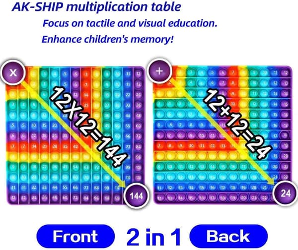 12x12 dobbeltsidet tabel-poppet, addition & multiplikation. Regnbue push pop boble sensorisk fidget-legetøj til stress- og angstlindring. (1-9)