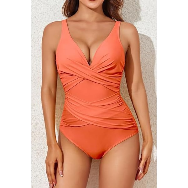 Dame badedragt med mavekontrol, slankende badedragt i ét stykke, vintage rynket push up, vintage polstring L orange