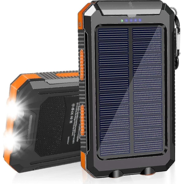 Solcellelader 20000mah - Vanntett bærbar solcellebank med dobbel 5v usb-port og led