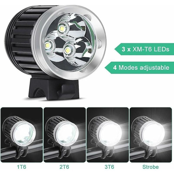 Kraftig LED mountainbikelys, cykellys, mountainbikelys, genopladelig LED cykellygte, vandtæt, 3600 Lm, 3 T6 CREE XM-L, 4 lystilstande