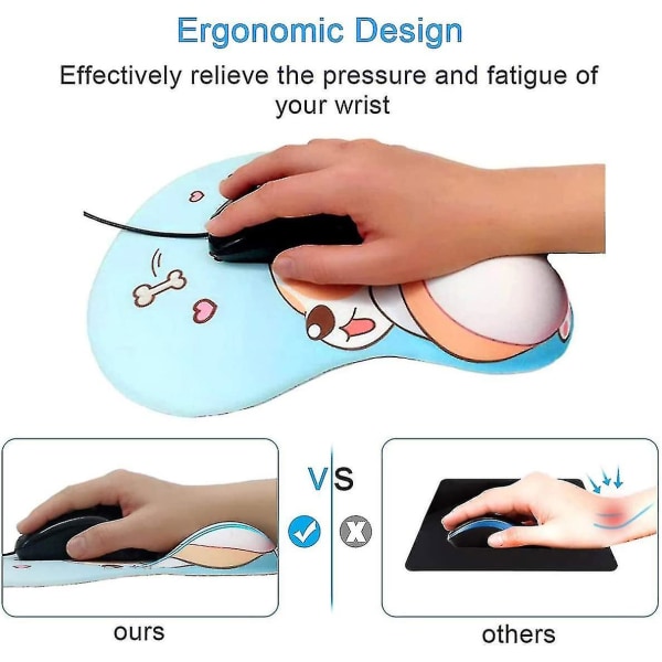Anime Corgi musematte med håndleddsstøtte Gel Ergonomisk hund 3d musematte for kontor-pc bærbare datamaskiner (blå)