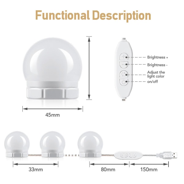 10 led spegelljus, sminkspegelljus, dimbar sminkspegel för badrumsspegel, 3 färger, 10 ljusstyrkenivåersaa