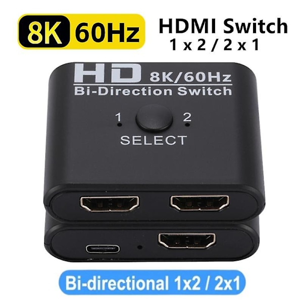 8K 60Hz HDMI-switch med splitter, dobbeltrettet 1x2/2x1, tovejs HDMI-kompatibel switcher-vælger 2 ind 1 ud til projektor PS4/3 Xbox TV-boks switcher-adapter