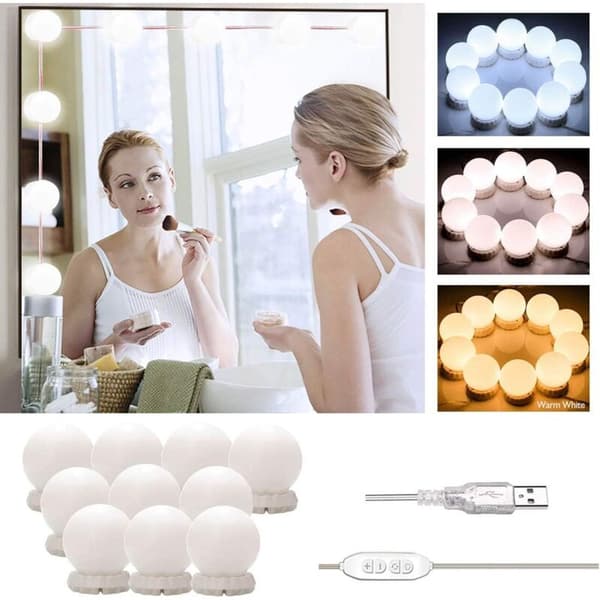 10LED Hollywood Makeup Spejllys USB, 3 tilstande 10 dæmpbare niveauer (spejl ekskluderet)