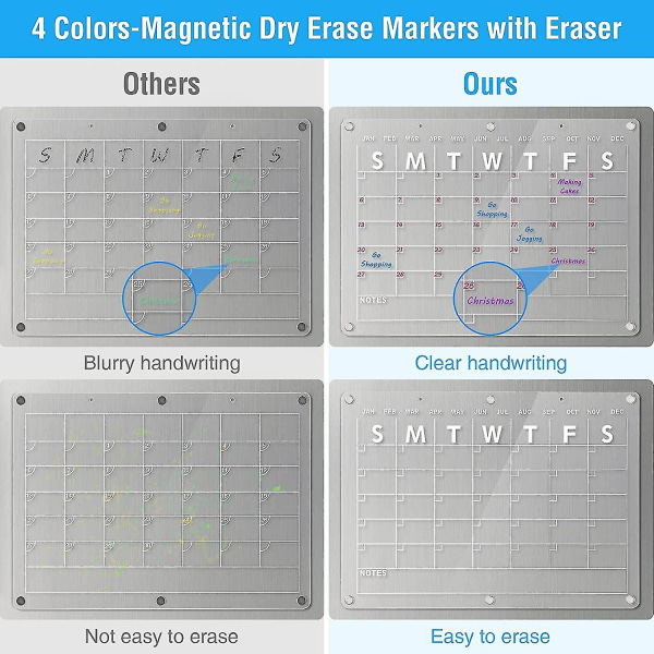 Akryl magnetisk tør-slet kalender til køleskab, 16,5\"x12\" tommer klar tør-slet kalender til køleskab, magnetisk planlægningskalender indeholder 4