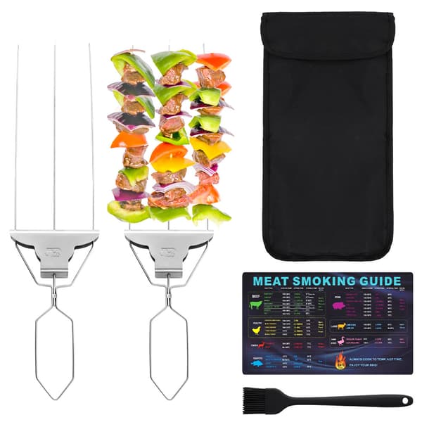 Grillspydsett i rustfritt stål med doble pigger, gjenbrukbare kebabgrillpinner med oppbevaringspose og tilbehør