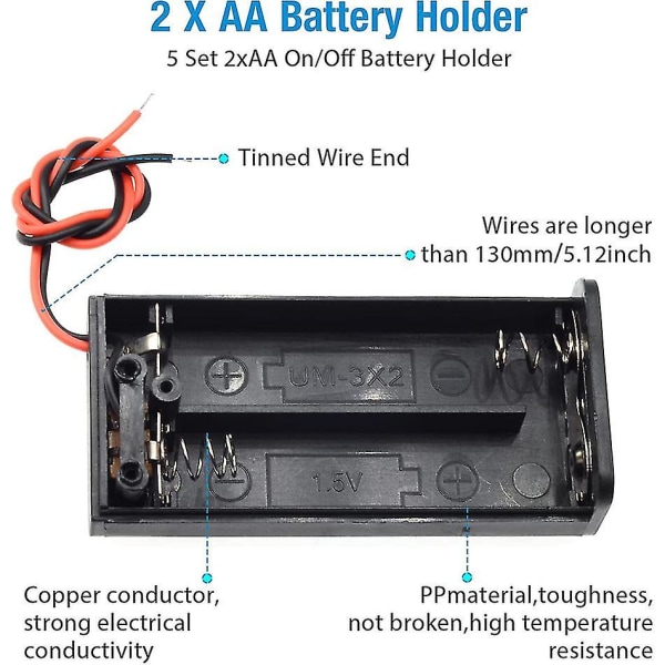 5 kpl 2 AA-paristokoteloa kytkimellä 2x 1,5 V AA-paristokotelo kotelo johtimilla ja päälle/pois-kytkimellä