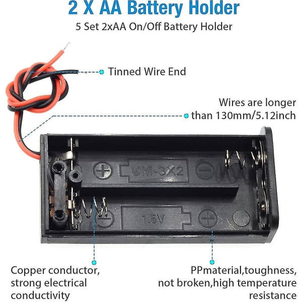 5 stk 2 Aa batteriholder med bryter 2x 1,5v Aa batteriholderetuie med ledninger og av/på-bryter