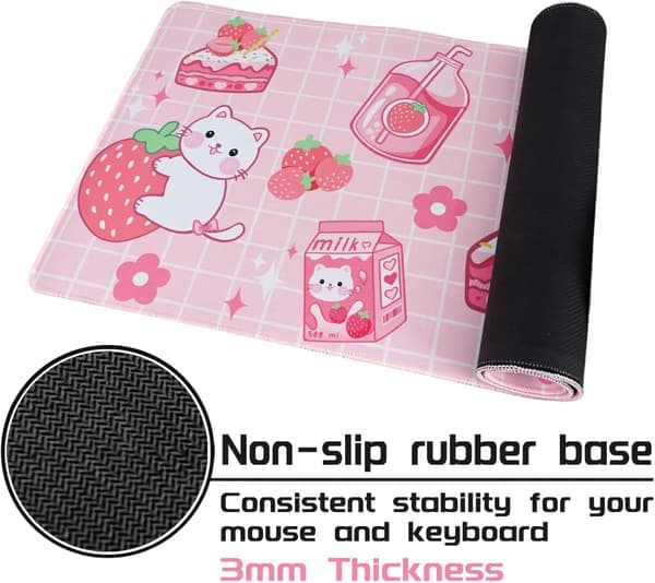 Kawaii Gaming Musematte for Skrivebord, Stor Katt Jordbærmelk Musematte, Rosa Musematte XL, Søt Musematte Anime