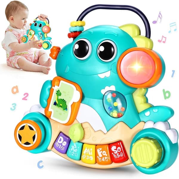 Babylegetøj til 6-12 måneder: Dinosaur-klaver, musikalsk og lysende interaktivt klaver-keyboardlegetøj.