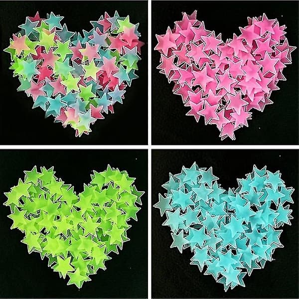 100 stjerner som lyser i mørket, fluorescerende, selvlysende plastveggklistremerker, fullfarge, 3 cm
