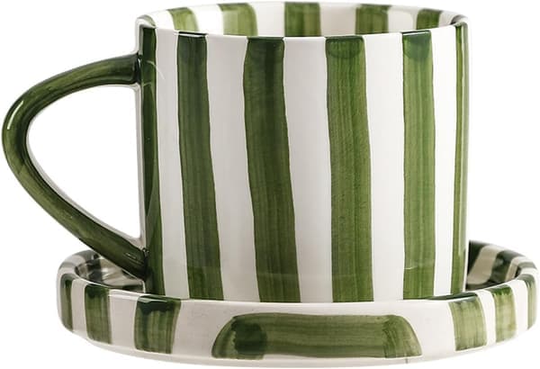 8-ounce kaffemugg stor espressomugg med fat keramisk kaffemugg handmålad randig konstnärsmugg och fat.