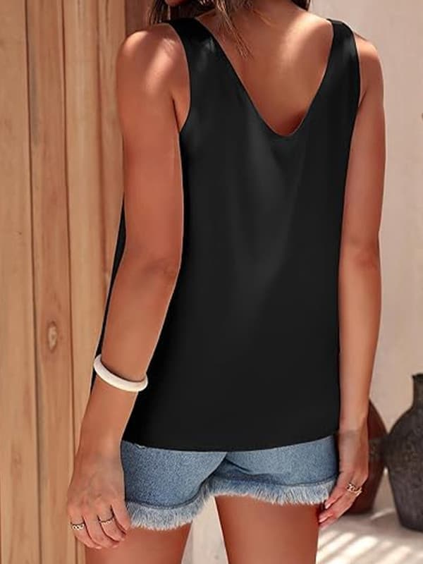 Dame Silke Satin Tanktop V-hals Afslappet Undertrøje Ærmeløse Bluser Sort M Black M