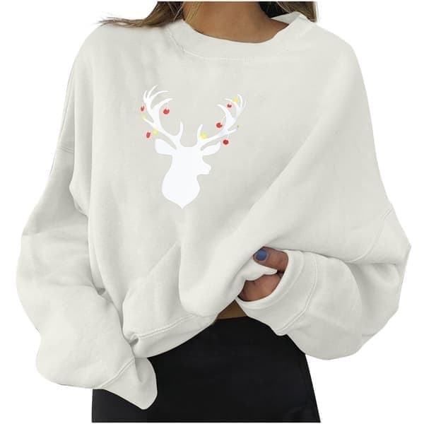 Avslappnad tröja för kvinnor med julälgstryck, långärmad sweatshirt med V-ringning, vit, storlek M White M