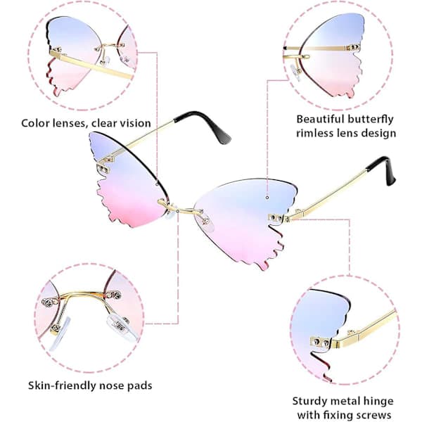 2-delt sommerfugleformede rammeløse solbriller, overdimensionerede briller, metalstel til mænd og kvinder (blå + pink)