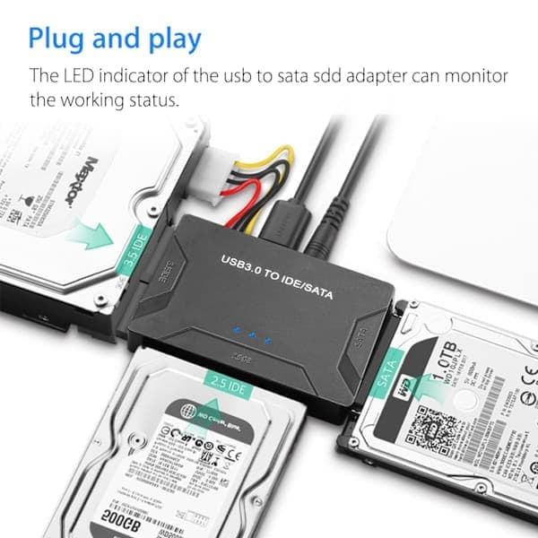 USB IDE-adapter (USB 3.0 til SATA IDE) harddisk-konverteringskombinasjon