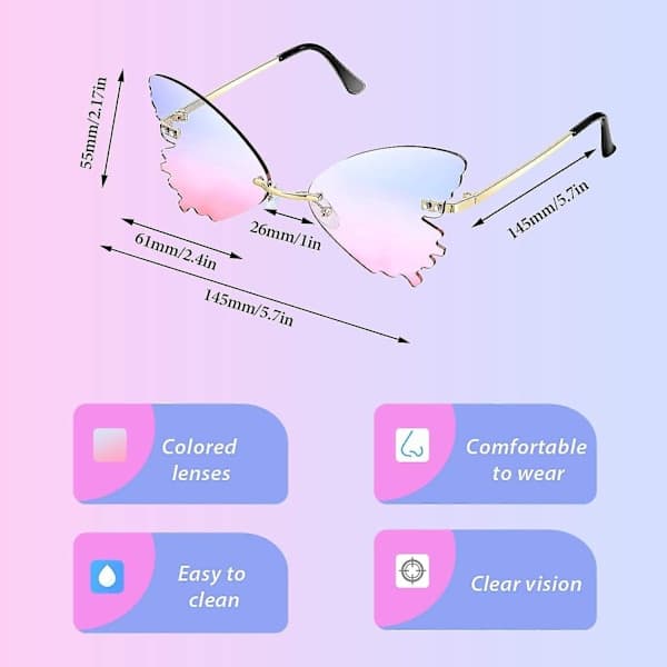 2-delt sommerfugleformede rammeløse solbriller, overdimensionerede briller, metalstel til mænd og kvinder (blå + pink)