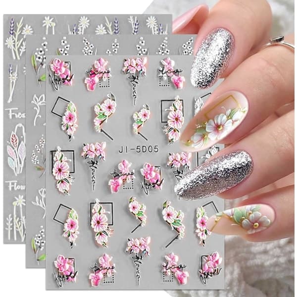 3D pregede blomsterblader neglekunstdekaler 3 ark selvklebende sommerblomster negletilbehør neglekunstdesign dekorasjonstilbehør